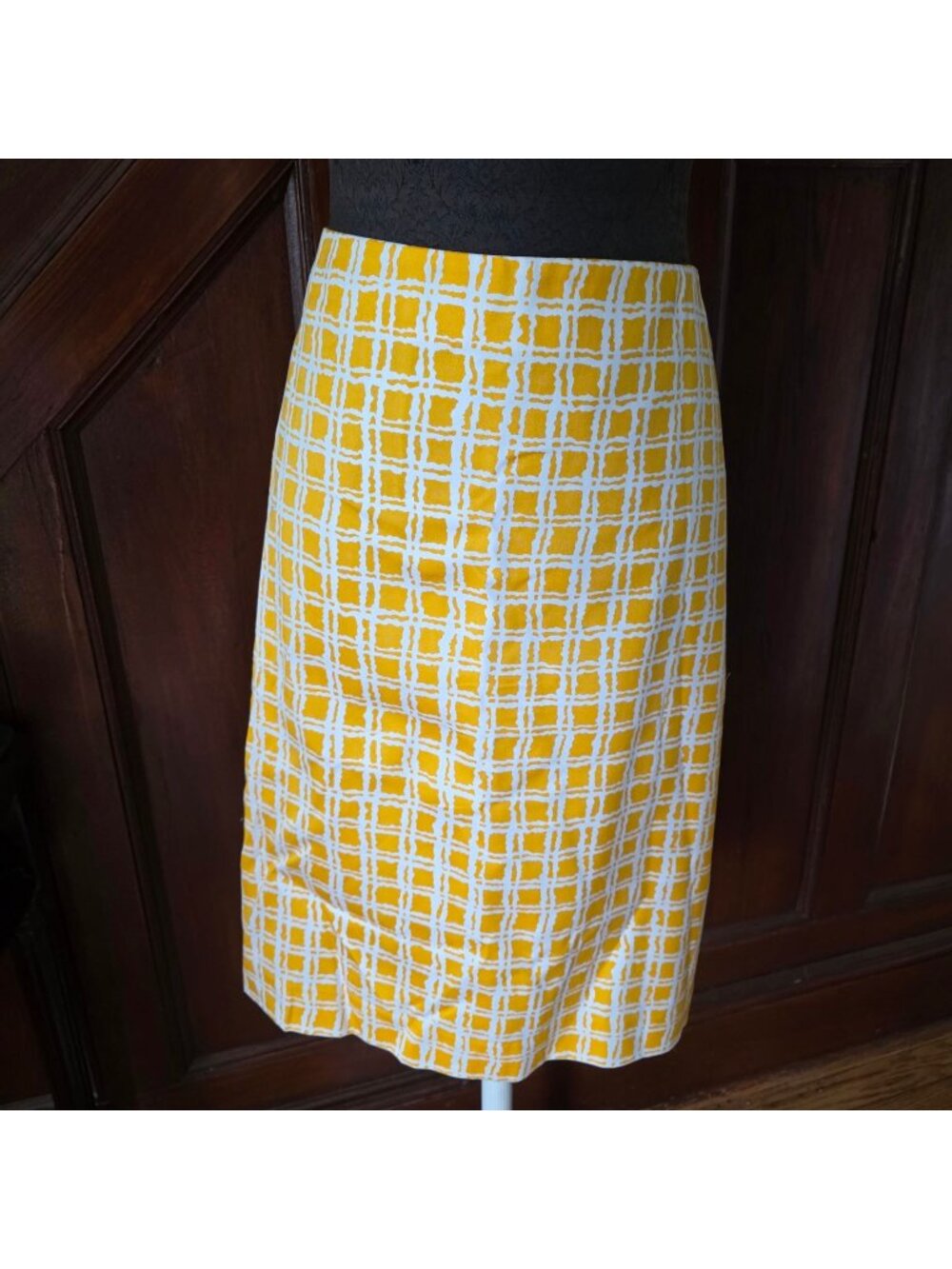 Yellow & White Talbots Womens Pencil Skirt Size 16 Grid Print Cotton Blend Nwt